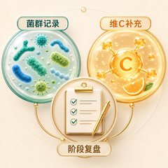 菌群记录、维C补充与阶段复盘双维说明图